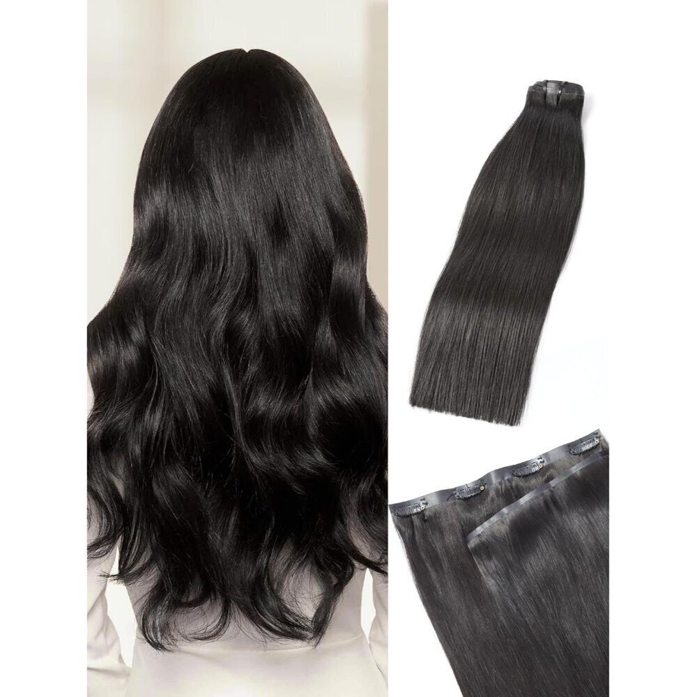 Clip in Hair Extensions Human Hair 14in Black Full Set Seamless Natural